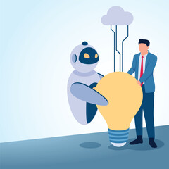 A man holding a big idea bulb along with a robot connected to the cloud network. A metaphorical illustration for the integration of artificial intelligence, unification and the digital future.