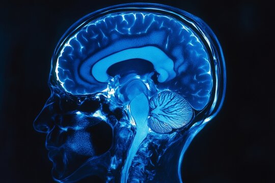 High-resolution side-view MRI scan showing detailed human brain structures, including cerebrum, cerebellum, and brainstem for medical analysis