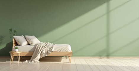 Cozy minimalist bedroom with wooden bed, soft white bedding, green wall, and natural light shadows on wooden floor. Interior design concept. Ai generative