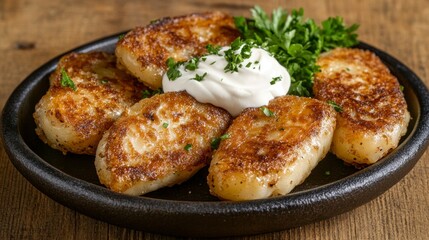 Crispy Potato Pancakes with Sour Cream on Wooden Table