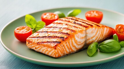 Grilled salmon fillet garnished with fresh basil and cherry tomatoes, served on a green plate, showcasing vibrant colors and appetizing presentation.