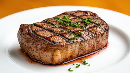 A juicy, grilled steak garnished with herbs, served on a white plate against a warm background, showcasing its tender texture and appetizing presentation.