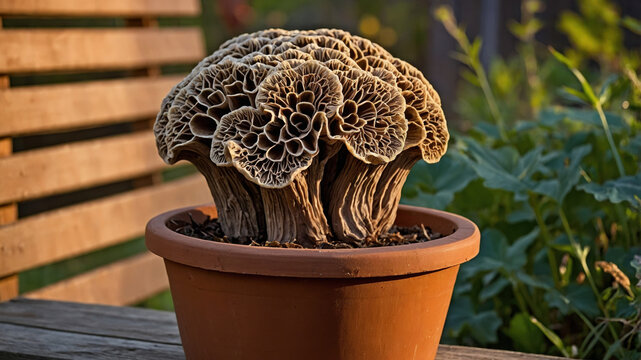 False Morel growing in terracotta pot on wooden table