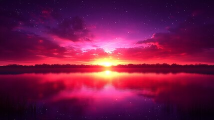 Naklejka premium An isolated vector illustration of a sunset reflecting on a calm lake with vibrant sky colors.