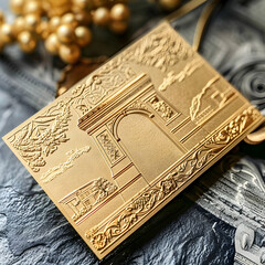 Fototapeta premium A decorative gold plaque featuring an arch and intricate designs.