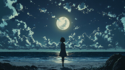 anime girl with beach moonlight,