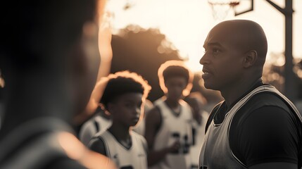Outdoor basketball practice scene: A coach gives instructions to his team under the warm glow of sunset before their training session.