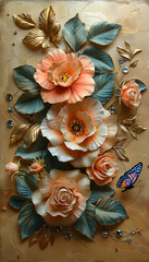 A decorative relief of peach roses and leaves with a butterfly, showcasing floral artistry.