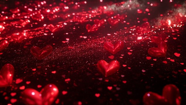 Red hearts confetti background with soft glow