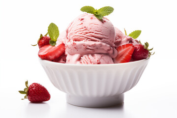Strawberry ice cream scoops garnished with fresh strawberries and mint in white bowl isolated – gourmet dessert photo