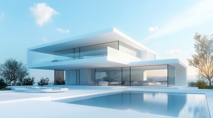3D architectural effects featuring modern architecture and blue color schemes