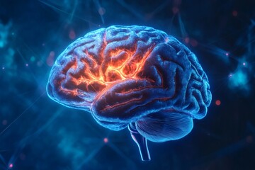 Obraz premium Vibrant digital depiction of a human brain with glowing neural pathways, highlighted in orange and red, on a dark blue background showcasing cognitive activity