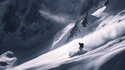 Lone skier carves through fresh powder on a steep, snowy mountain, a testament to winter sports and breathtaking alpine scenery.