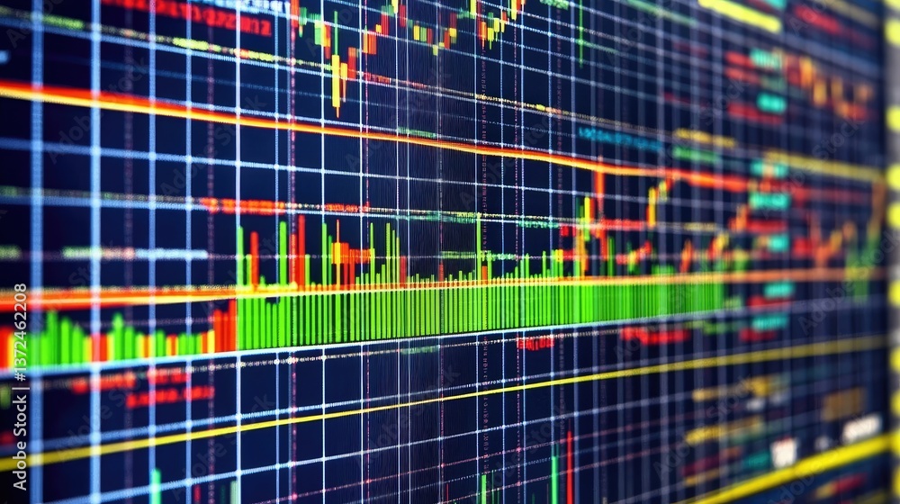 Poster stock exchange statistics screen with high-resolution trading volume graphs and real-time indexes.