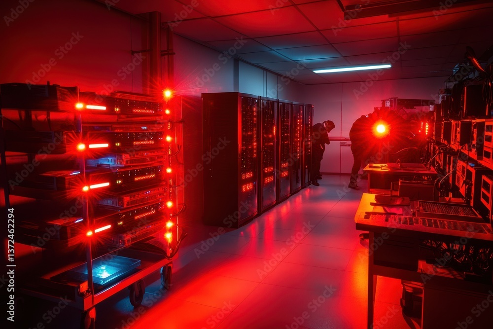 Poster red-lit data center with technicians working on server maintenance at night