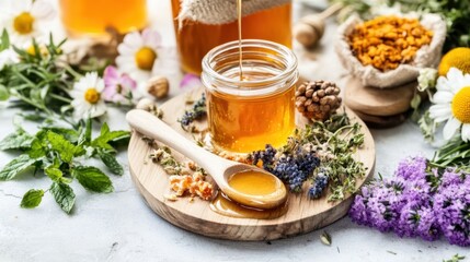 Fototapeta premium A wooden spoon with organic honey drizzling onto a glass jar.