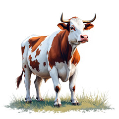 Fototapeta premium Brown and white cow grazing in a green meadow on a rural farm