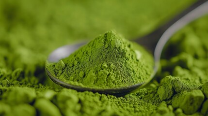 Spoonful of Matcha powder, close-up view