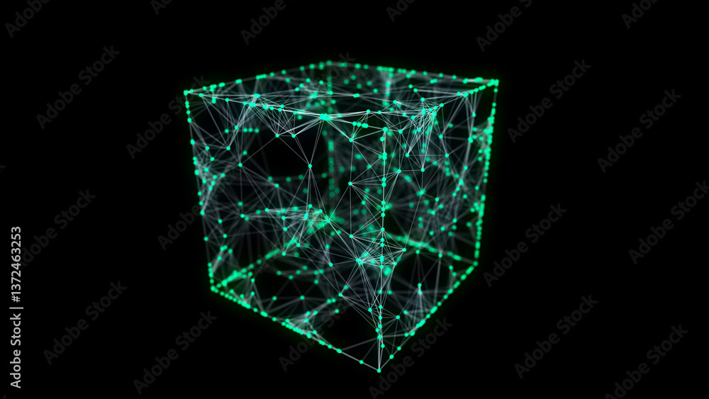 Poster abstract green cube on black background. wireframe square structure with glowing particles and lines