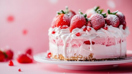 Strawberry Cream Cake Dessert on Pink Background