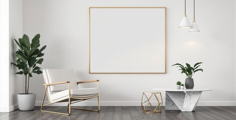 Blank poster mockup in modern interior with marble table, armchair, plants and pendant lights, clean white wall background. Concept of design layout. Ai generative