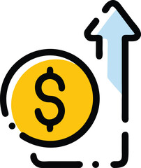 A dollar sign icon with an upward arrow representing a salary increase