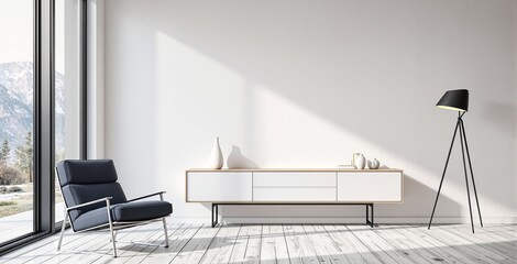Minimalist living room interior with armchair, console, and lamp, white wood floor, blank wall background, concept of poster or artwork mockup. Ai generative