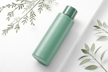 Green Bottle With Foliage on a White Background, Generative AI