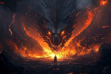 A dramatic scene unfolds as a giant dragon breathes fire into the night sky.