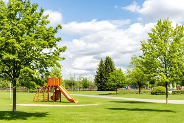 Fototapeta premium Playground with green grass, trees, blue sky, and fluffy clouds