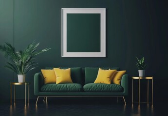 Dark green living room with yellow pillows and empty frame. Interior design mockup