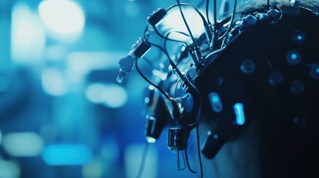 A biohacker enhancing neural implants for cognitive augmentation, futuristic neuroscience lab with advanced brain-computer interfaces, High-tech style
