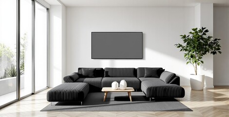 Contemporary living room with striped sofa, wooden coffee table, indoor plant, and large blank TV on white wall in a sunny, modern interior. Ai generative