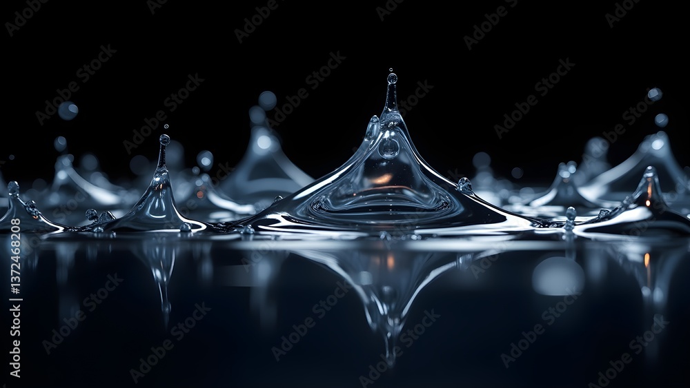 Poster macro shot of water droplets splashing on a calm surface with reflections on dark backdrop