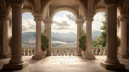Fototapeta premium An interior space highlighted by majestic columns and a large window.