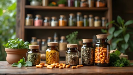 Assortment of Herbal Supplements and Natural Medicine Ingredients in Bottles on Display