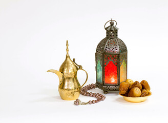 Traditional Ramadan Still Life with Arabic Lantern, Golden Coffee Pot, Dates, and Prayer Beads Symbolizing Islamic Culture, Fasting, and Spiritual Reflection During the Holy Month of Ramadan