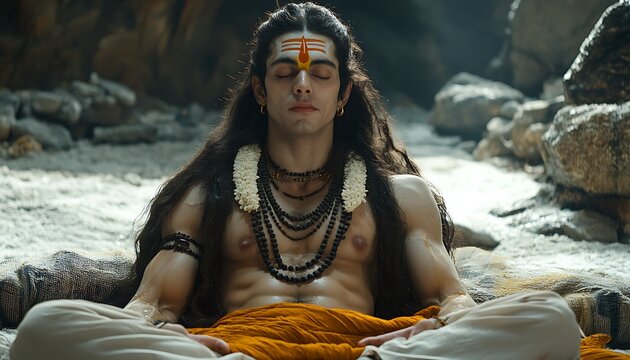 A meditating man wearing religious symbols is in a cavern