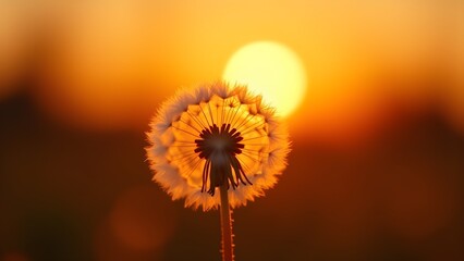 Dandelion Seed Head Backlit by a Warm, Golden Sunset in a Peaceful Countryside Setting