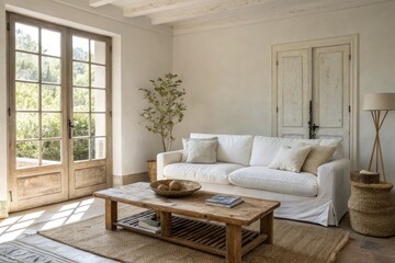 Minimalist Living Room With White Sofa and Rustic Wooden Accents Generative AI