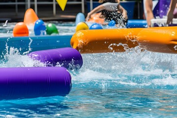 Pool challenge Floating inflatables in water splash. Fun event