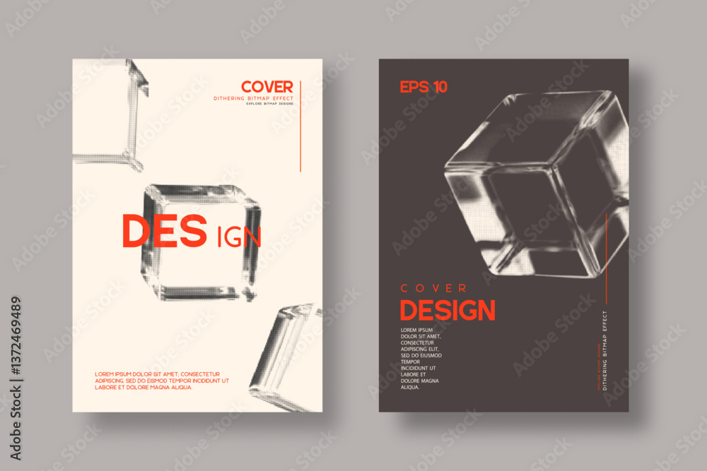 Aufkleber set of cards with bitmap dithering cubes. abstract halftone effect geometric 3d shapes. trendy retro