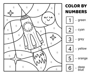 Color by number. Black and white. Green rocket, planet in space. Coloring page. Game for kids. Isolated vector illustration eps 10