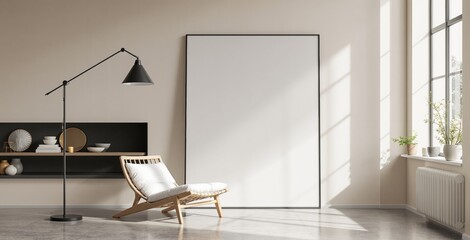 Modern interior with empty poster in frame, minimalist lounge chair, floor lamp, and plants, set in bright room with clean layout and soft light. Ai generative