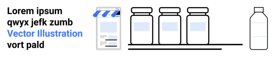 Digital storefront with awning, labeled bottles on a shelf, single bottle nearby. Ideal for healthcare, pharmacy, e-commerce, medication, online shopping, branding simple landing page