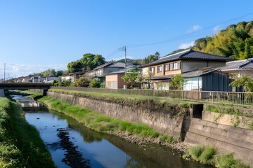 Fototapeta premium Quaint homes line river, verdant hills in background, under clear sky