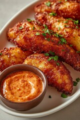 Fototapeta premium Spicy chicken wings coated with flavorful seasoning, served with a creamy dipping sauce and parsley garnish.