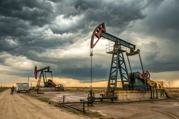 Oil Extraction Rigs Operating Under a Dramatic Cloudy Sky Generative AI