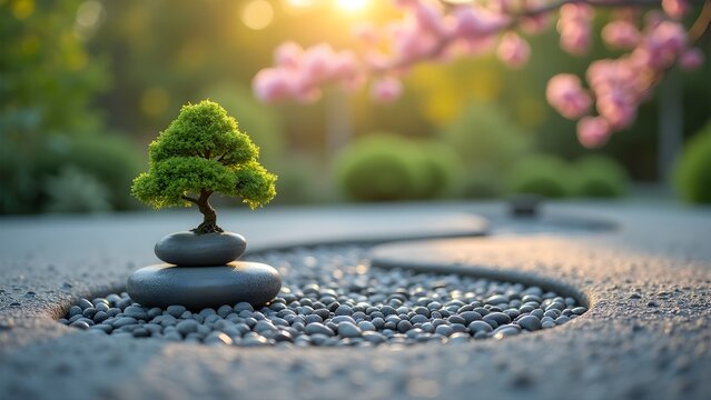 Bonsai Tree on Stacked Stones in Zen Garden with Pink Blossoms at Sunset