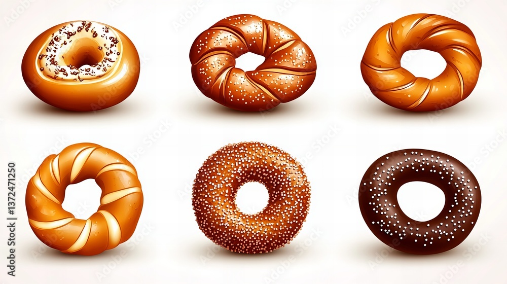 Poster six assorted donuts with various toppings are displayed against a plain white backdrop, showcasing d